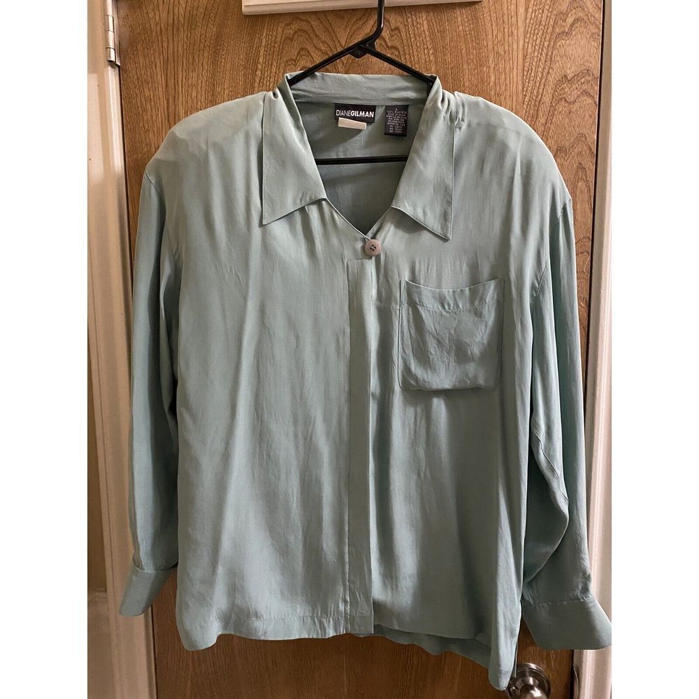Vintage Diane Gilman 100% Silk Blouse Large Seaweed Green Turquoise Button Light